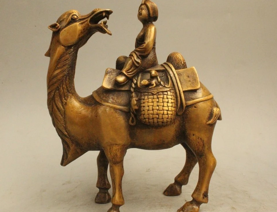 

8" Old Chinese Bronze Belle Girl Ride camel ship of the desert Statue Sculpture