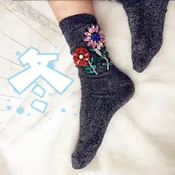 1 пара корейский стиль Карамельный цвет носки на зиму, удерживающие драгоценный камень подсолнечника носки ручной работы для женщин