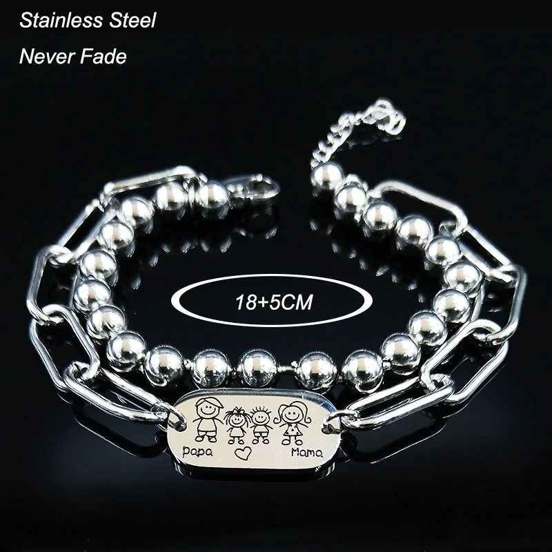Модные браслеты для мамы и папы из нержавеющей стали, женские двухслойные браслеты серебряного цвета, ювелирные изделия, joyas B18444