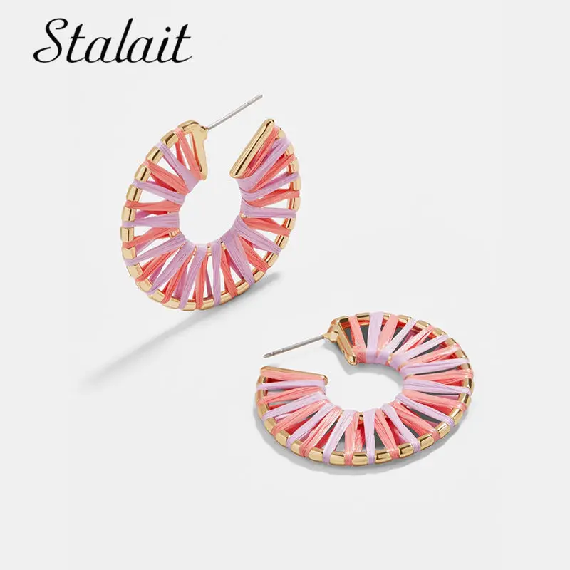 

Fashion Multi Color Raffia Round Shape Open Earrings Chic Hollow Gold Color Earrings For Women Wedding Gift Jewelry