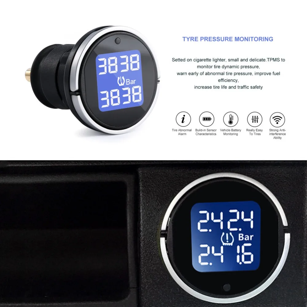 

Car Tyre Tire Pressure Monitor System Gauge + 4 Wireless External Sensors Temperature Pessure Alarm Safety Cigarette Lighter