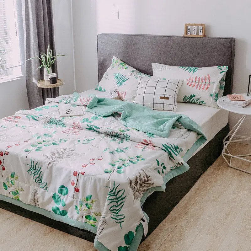 

Leaf Print Bedspread Fashion Summer Quilt Duvet Blanket Comforter Soft Washable Air-conditioning Bed Cover Cotton Bedding