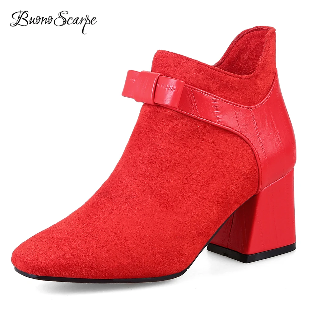 

BuonoScarpe Ankle Boots Black Red Fashion Autumn Winter New Arrival Women Shoes Square Toe Ladies Boots Zipper Square Heel Shoes
