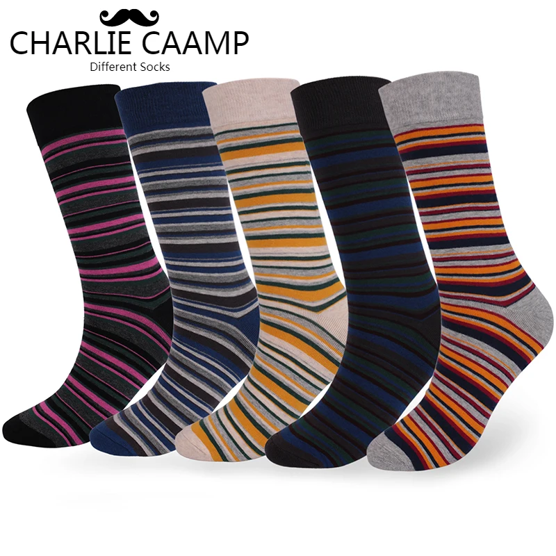 

CHARLIE CAAMP 5Pairs/lot New Cotton Plus Size 5Color Stripe Pattern Deodorant Joker Series Men's High Socks 802