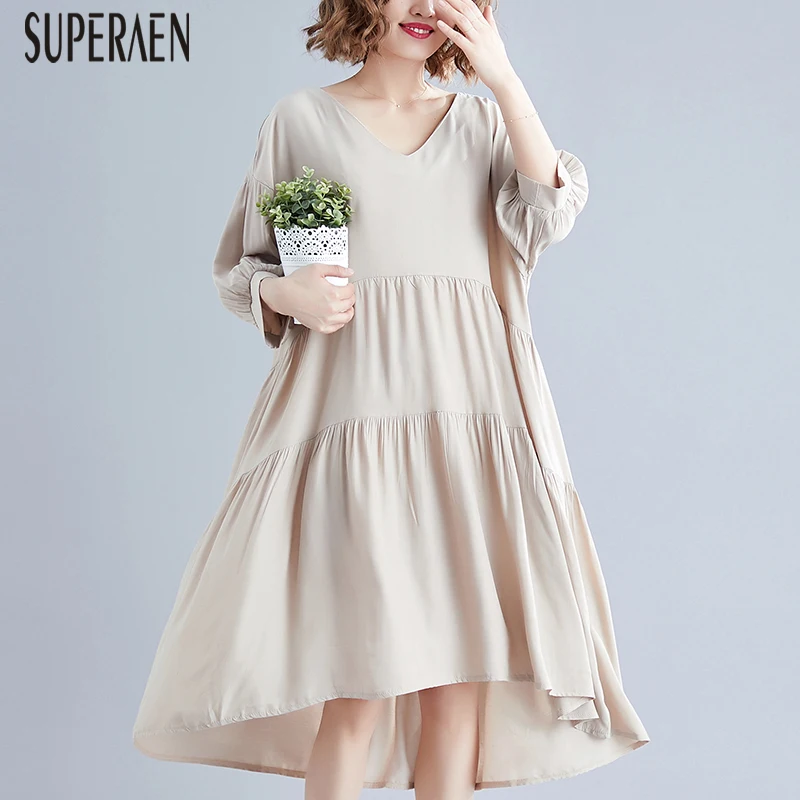 

SuperAen Korean Style Women Dress Solid Color Cotton Wild Dress Female Summer New 2019 V-neck Women Clothing
