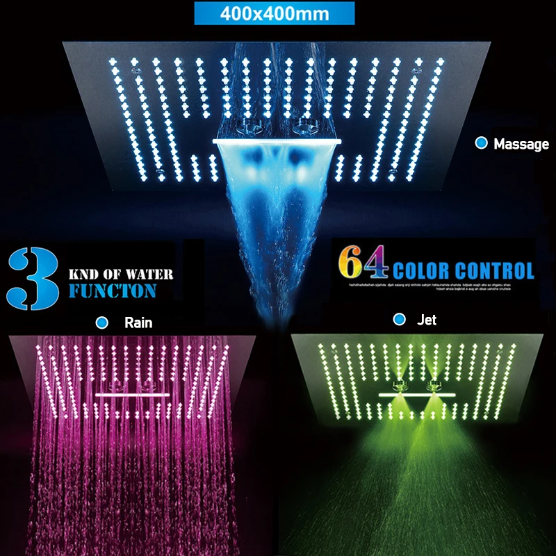 Colorful Led Shower Heads 16 Inch Ceiling Rain SUS304 Rainfall & SPA Misty Massage Showers Light Big Showerhead Black Waterfall
