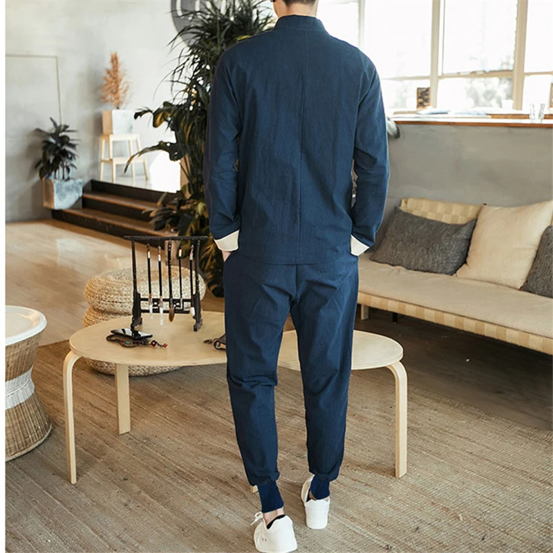 Style chinois broderie hommes ensembles veste simple boutonnage hommes et pantalons 5XL - 4