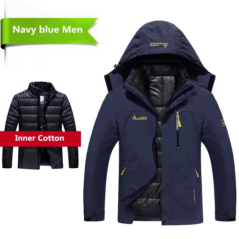 Зимняя куртка и пальто для мужчин 2 в 1, толстая теплая пуховая парка, куртка с карманами и капюшоном, флисовая Водонепроницаемая ветровка, 5XL, 6XL - Цвет: Navy blue