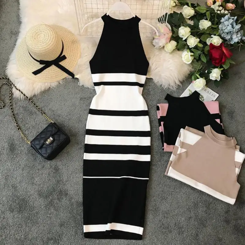 

2019 New Women Sweater Dress Vestidos Mujer Summer Sleeveless Fashion Slim Bodycon Dresses Ladies Elegant Spriped Vintage Robe