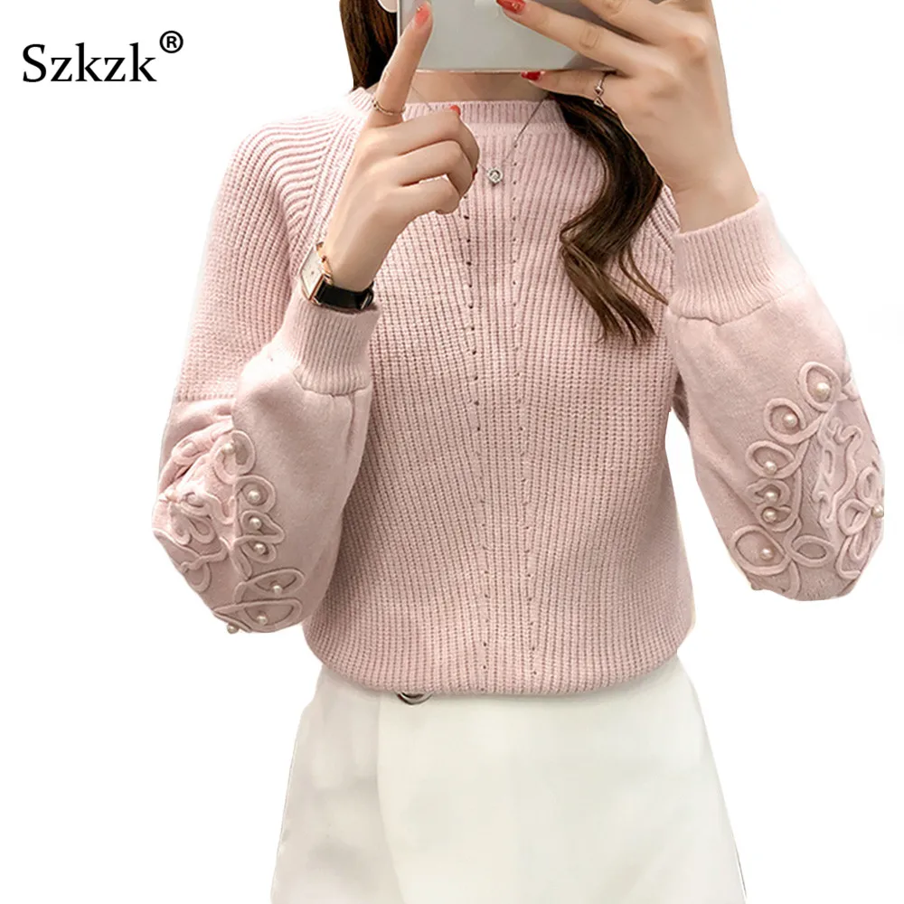 Kopen Szkzk Vrouwen Jumper Fashion Casual Kralen Lantaarn Mouw Gebreide Trui Herfst Winter Warm O Hals Patchwork Vrouwelijke Trui