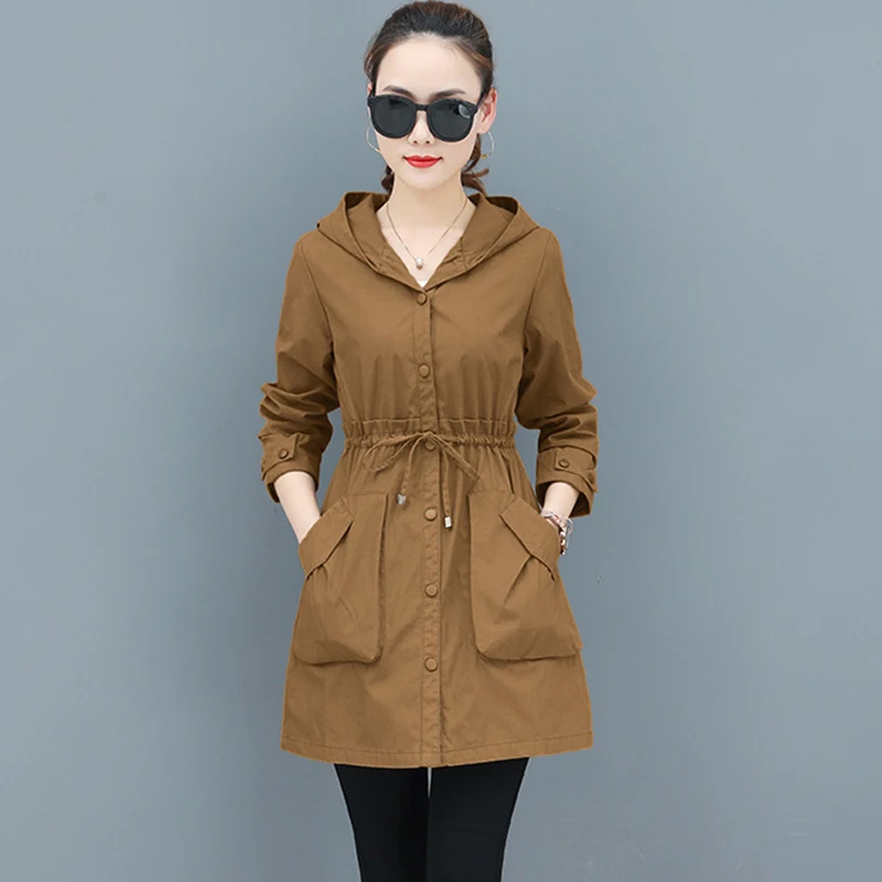 

2019 New Female Windbreaker Coats Solid Large size Long Hooded Outerwear Loose Spring Autumn Trench Coat Women Tops AA666