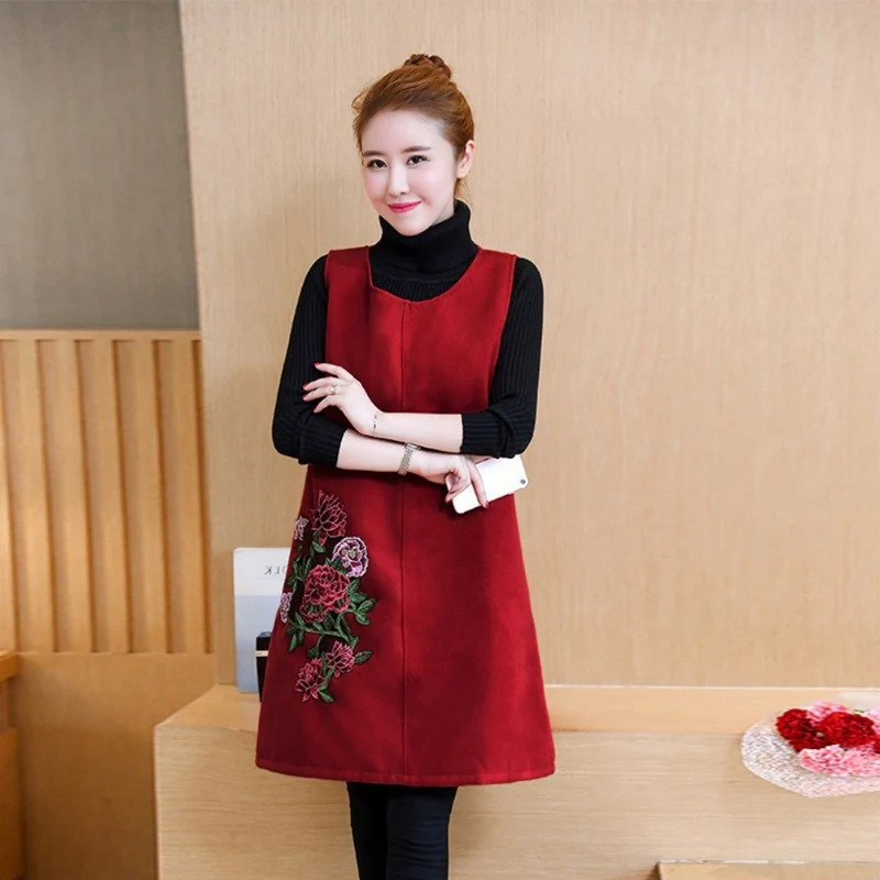 Women Dress Retro Embroidery Floral Woolen Vest Dress O-Neck Female Dress