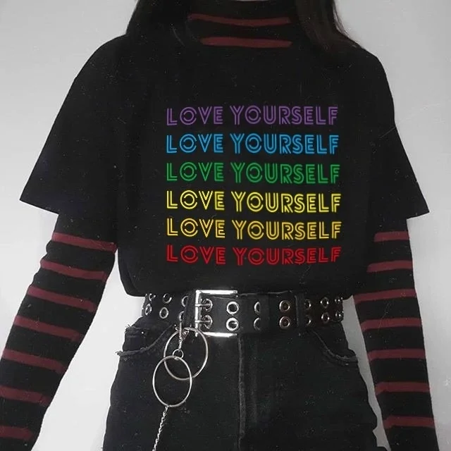 

Show-XSX 1pcs Kpop Korean Boys LOVE YOURSELF Same Cotton T Shirt Tee Rainbow Printed Colorblock Short Sleeve Fashion Summer Tops