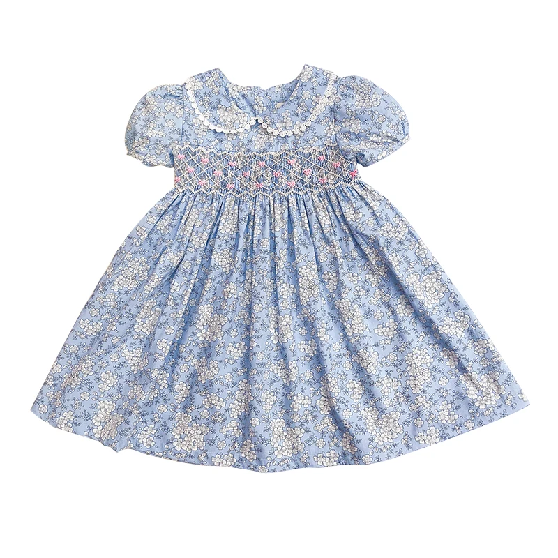 

Toddler Girl 3-7 Years Smocked Dress Baby doll Blue Pink Floral Cotton- Handmade Embroidery Smocking Sundress Dress Kid Boutique