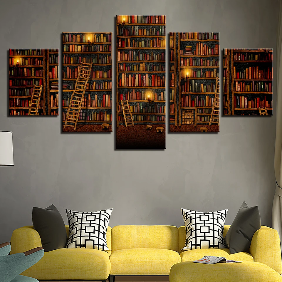 

5 Piece Canvas Painting Fantasy Study Library Book Landscape Framework Painting home decor print poster frame wall art WD-1544