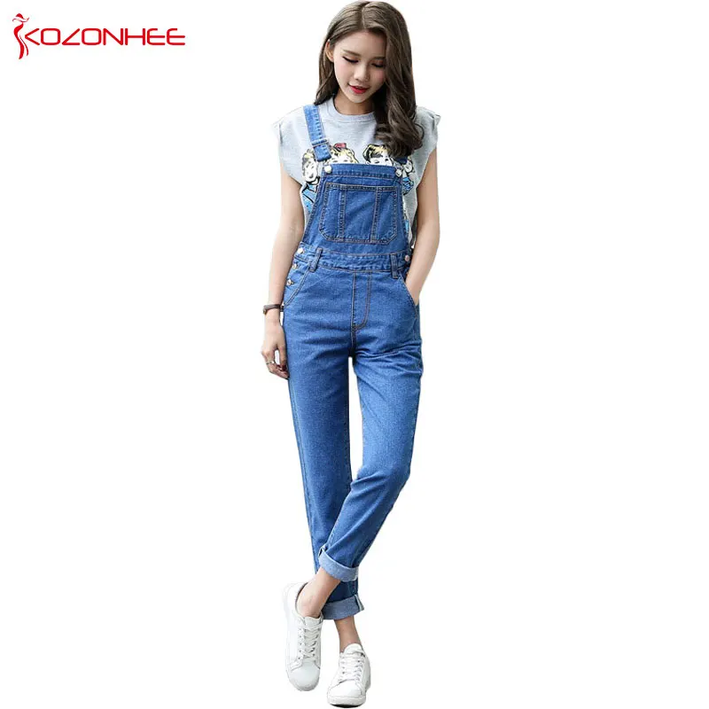 Casual Straight Straps Overalls Jeans Rompers Womens Loose High Waist
