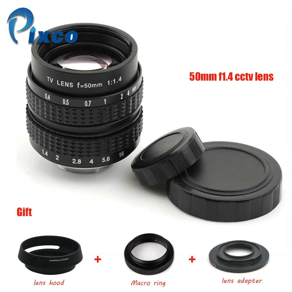 

PIXCO 50mm f/1.4 CC TV F1.4 Lens + Lens Hood + Macro Ring + C Mount to camera adapter For Micro 4/3 Nex FX For EOS M NI1 PEN Q
