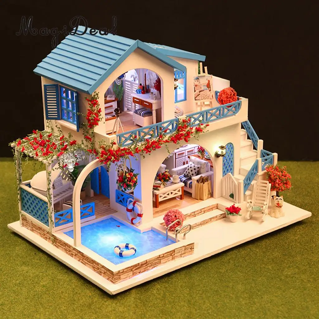 1:24 Scale DIY Handcraft Miniature Project Kit Wooden Dolls House Model Sidi Bou Said Town Home Display Collectibles