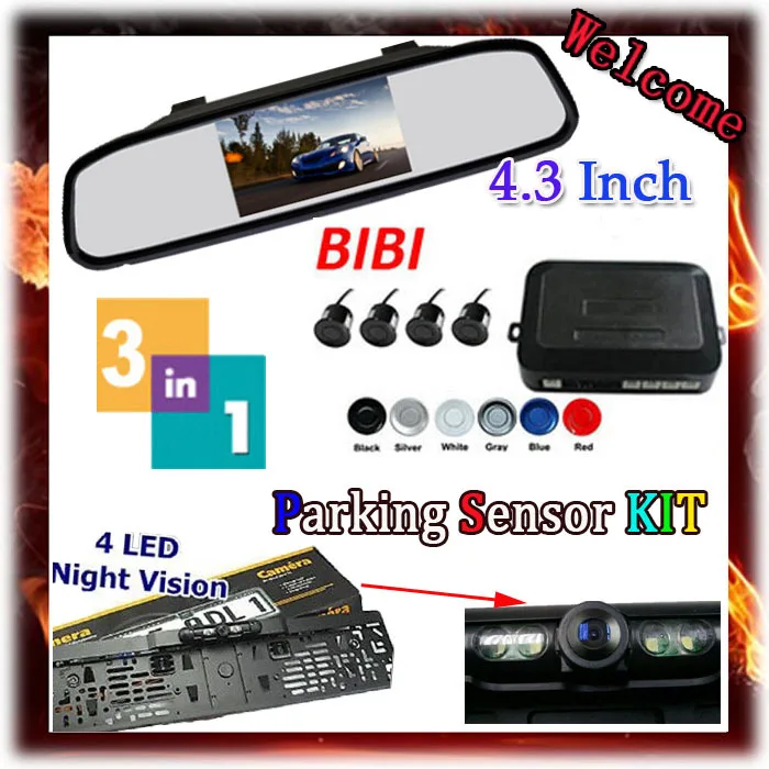 

3in1 Car Video Parking Backup Radar With EU Car License Frame Plate Camera + 4.3" Car Reverse Mirror Monitor, 4 Sensors 6 Color