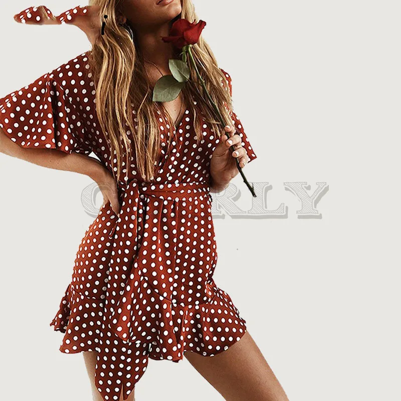 

Cuerly Romantic French wrap dress women sexy v neck ruffled bow dress party club mini short dot print dress L5