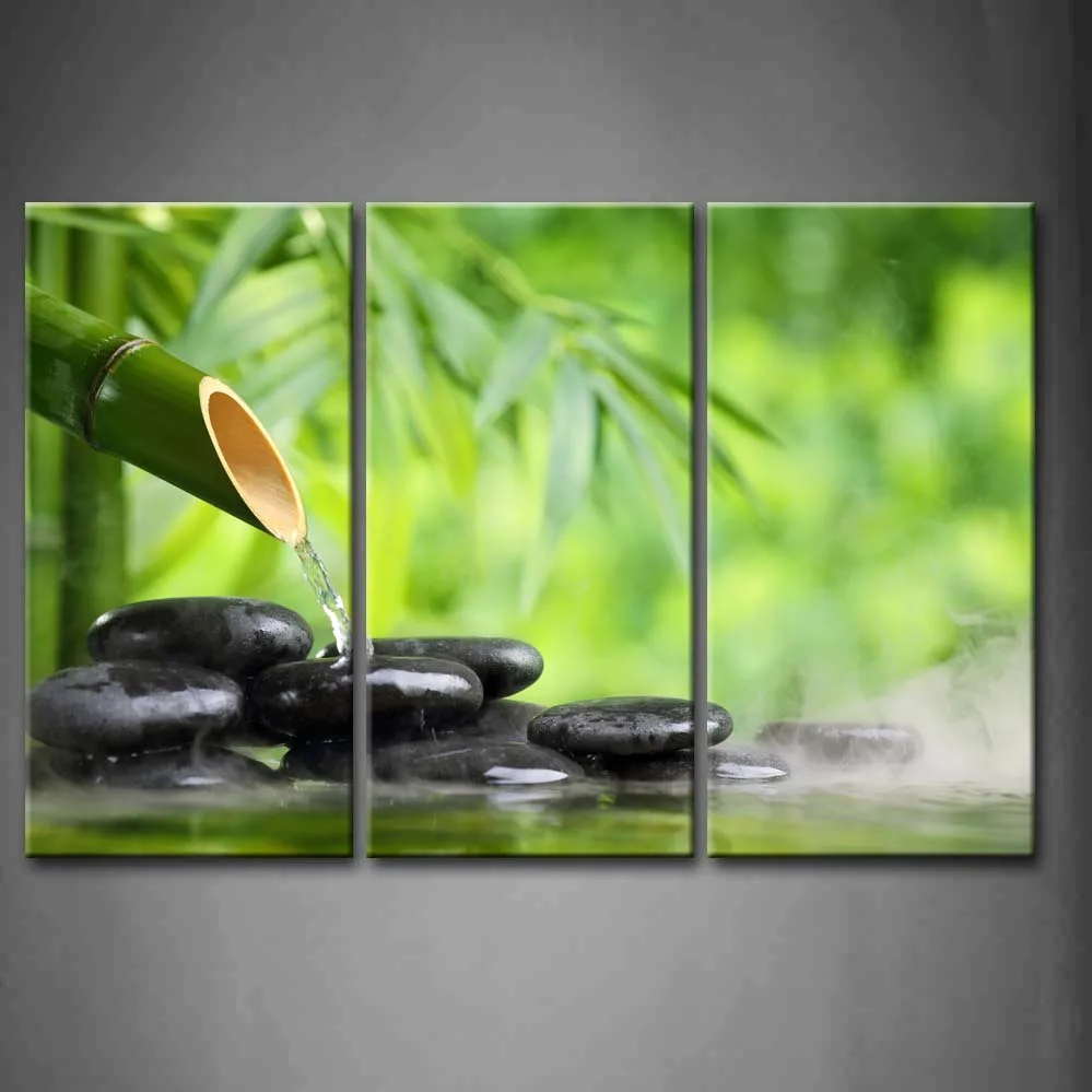 

Framed Wall Art Picture Spa Bamboo Fountain Zen Stone Canvas Print Botanical Posters With Wooden Frames For Living Room