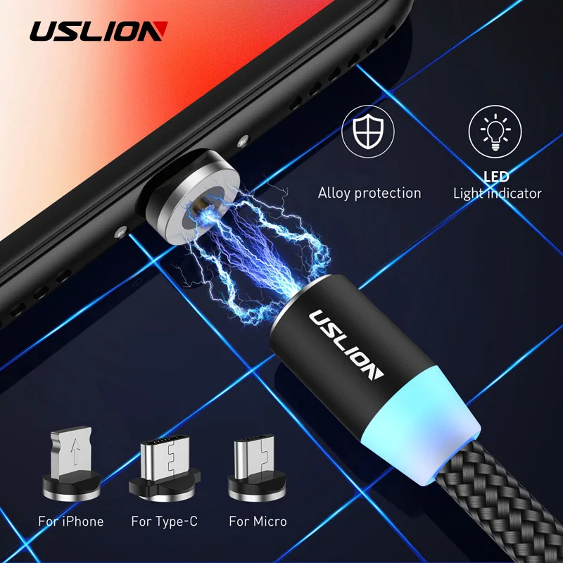 

USLION Magnetic Cable LED Type C Micro USB Charging For iPhone XS MAX Magnet Charger USB C Wire For Samsung Huawei Xiaomi Cable