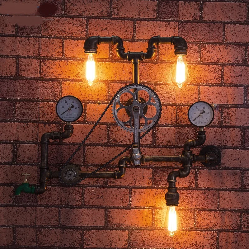 

Retro iron art gear Water pipe E27 3 head wall lamp originality bar restaurant hotel bedroom decoration wall light ZA10