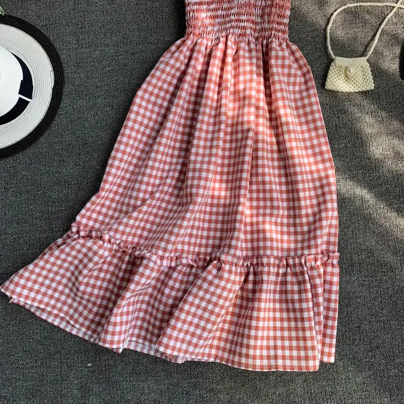 Slim Ladies Ruffles Vintage Plaid Print 2020 Sexy Summer Midi Dress Party Spaghetti Strap Women Casual Beach Elegant Vestidos