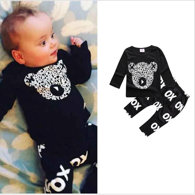 2PCS infant baby girl clothes COTTON long sleeve cartoon bear T-shirt&tops black+pants new born baby boy autumn outfits set