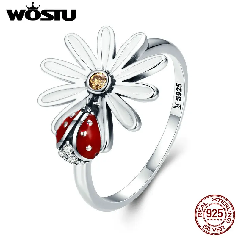 WOSTU, весна, новинка, 925 пробы, серебряные, маргаритки и божья коровка, страна чудес, кольца на палец для женщин, вечерние, серебряные ювелирные изделия CQR284