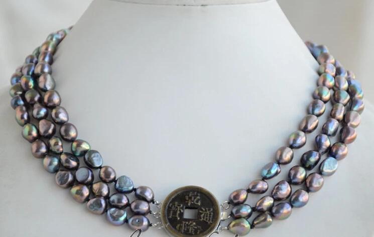 

Free Shipping ***Hot sale >>3strands 8-10mm peacock black baroque freshwater cultured pearl necklace