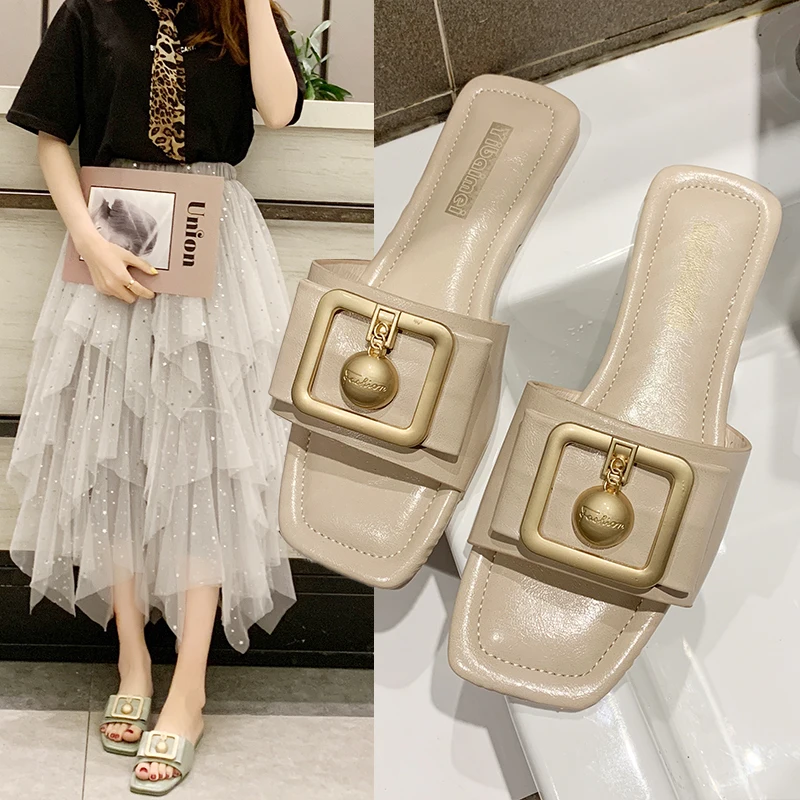 

2019 Fashion New Women Slides Ladies Shoes Summer Slippers Outside Metal Decoration Flat Woman Slides Female Square Heels Shoes