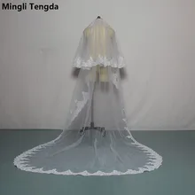 Вэу-де-noiva Кружева Аппликация два слоя 3 М Длинные свадебная фата реальное изображение собор Фата с гребень въелось De Novia