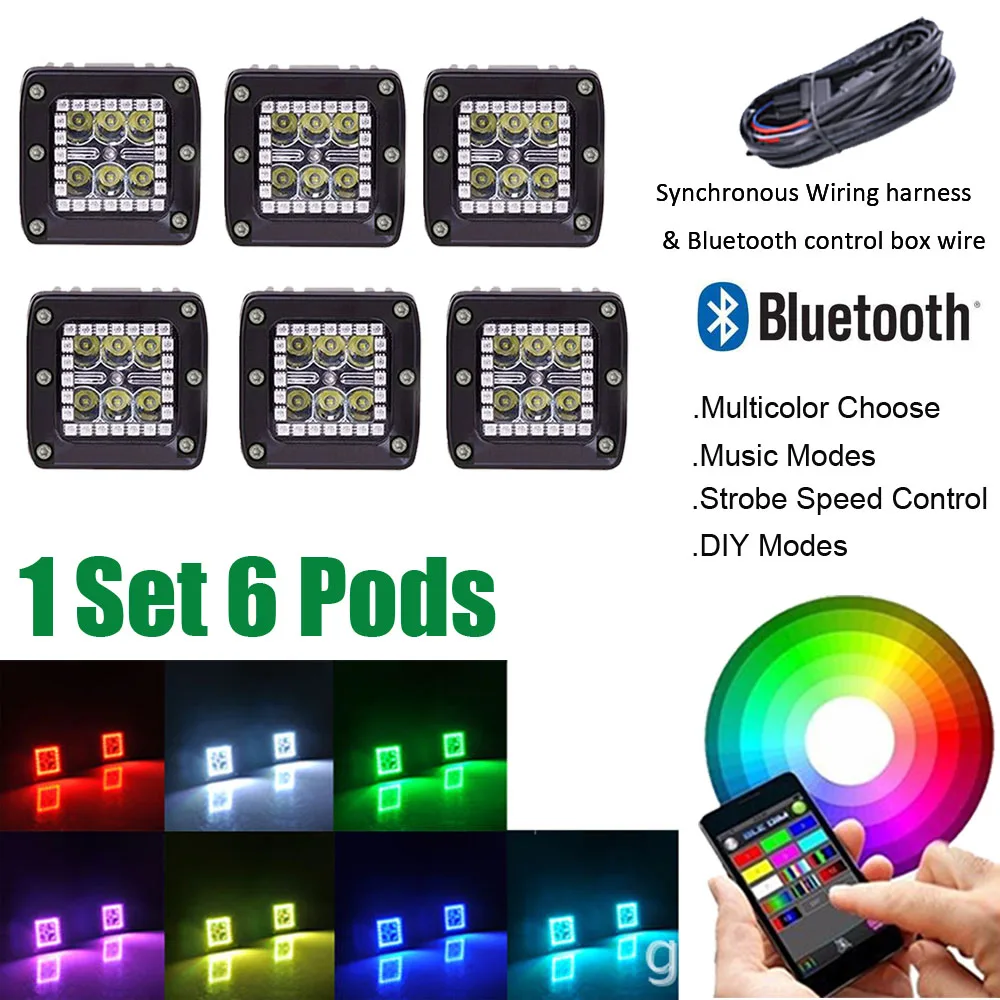 1 set 6PCS 3\INCH LED Work Light Cube Pods with RGB Halo Ring Strobe Music DIY Bluetooth Control & Wiring Harness kits