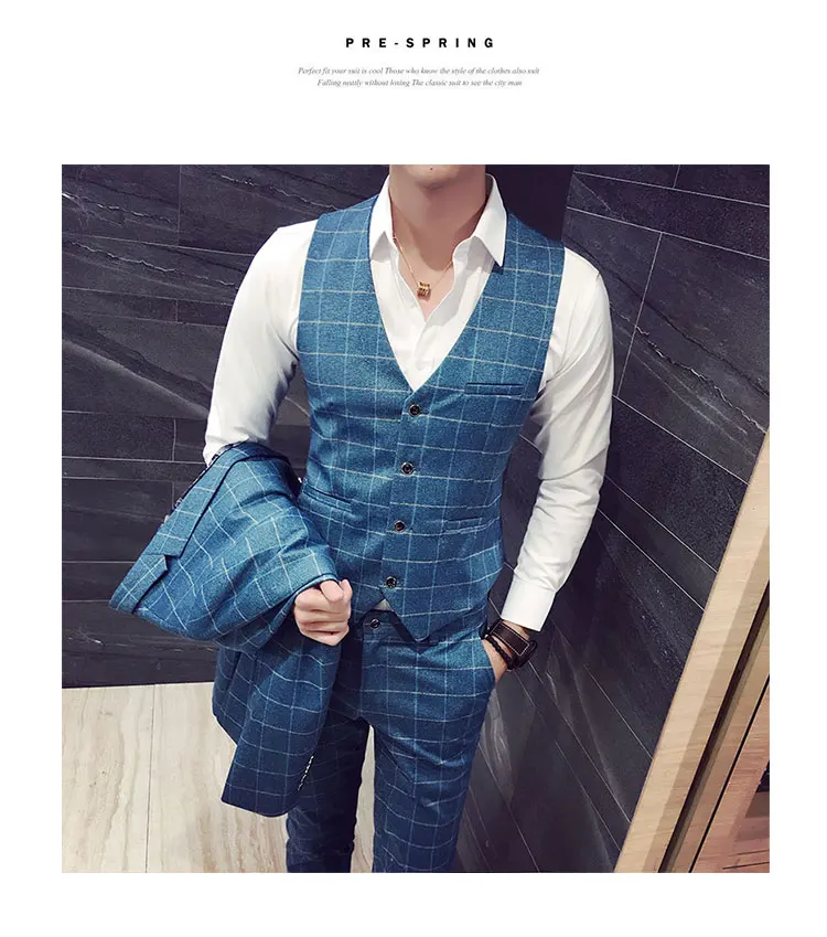 Азиатский размер модный бутик мужской Одноместный синий клетчатый официальный деловой костюм комплект из 3 предметов мужские высококачественные повседневные Костюмы