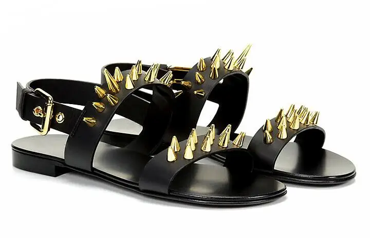 Summer Punk Style Men Dress Sandal Gladiator Black Casual Flat Spike Studded Shoe Ankle Booties Sandalias Man Flats Shoes