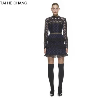 

High-end custom women autumn spring new fashion slim runway star lace long sleeve mini short sexy dress blue 6028199080