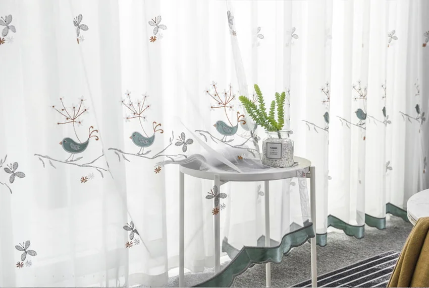 Embroidered Bird Voile Curtain for Living Room Delicate Countryside Rural Window Treatment Drapes M064C