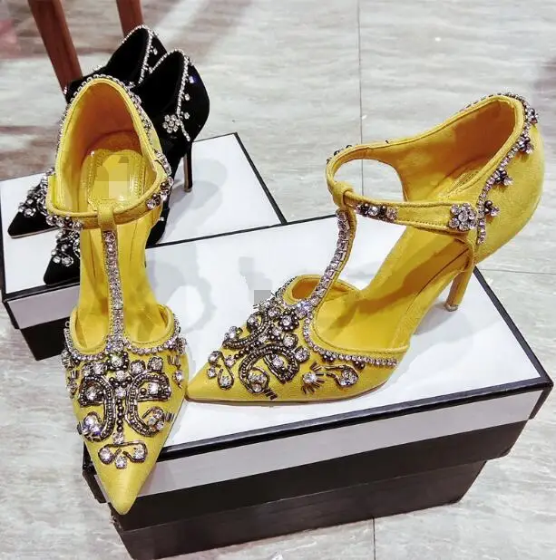 Роскошные женские вечерние туфли в дворцовом стиле с бусинами и стразами; модельные туфли на высоком каблуке с Т-образным ремешком, Украшенные бусинами; цвет желтый, черный, синий