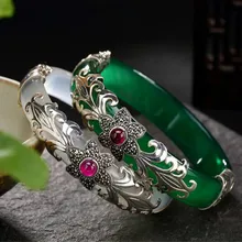 925 Sterling Silver Bracelet Chalcedony Gemstone Bangle Women Vintage Fine Thai Silver Jewelry Marcasite Flower Bangles 925 sterling silver bracelet bangle retro thai silver male personality silver chain magic circle evil eye bracelet punk biker