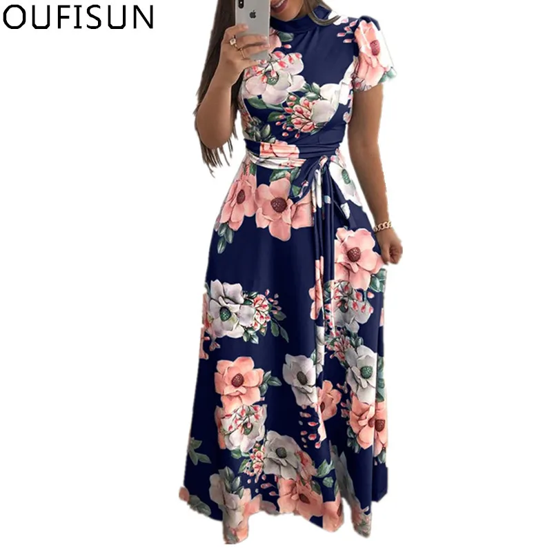 

Oufisun Summer Fashion Floral Print O-neck Sashes Women's Dress 2019 New Bohemian Short Sleeve Tunic Party Long Dresses Vestidos