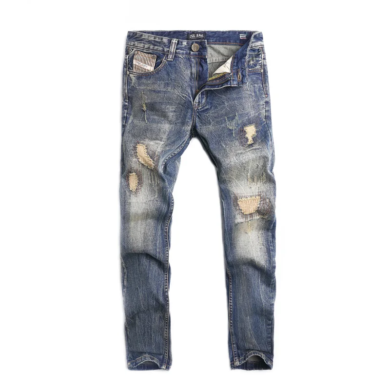 Fashion Designer Men Jeans Retro Wash Straight Fit 100% Cotton Destroyed Ripped Jeans Men Big Size 29-40 Dsel Brand Jeans Homme