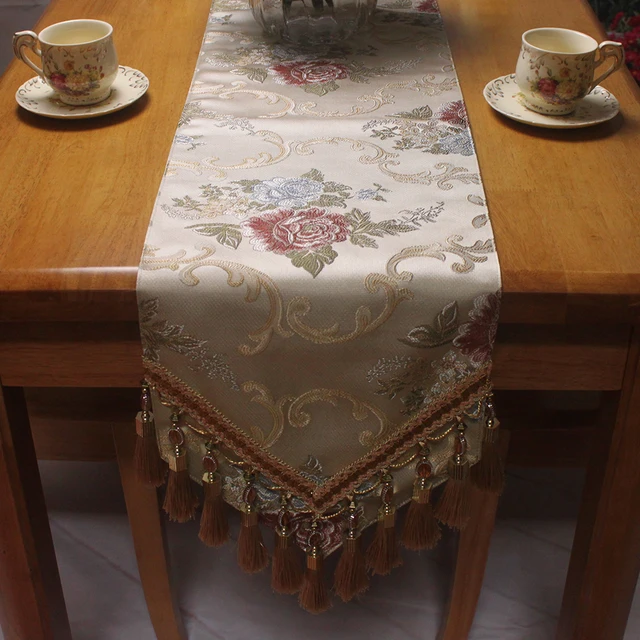 home table decoration luxury jacquard beige table runners for