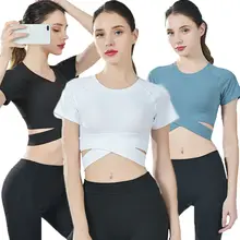 Модные женские туфли Фитнес Бег леди укороченный Топ тренажерный зал короткий рукав спортивная летняя рубашка