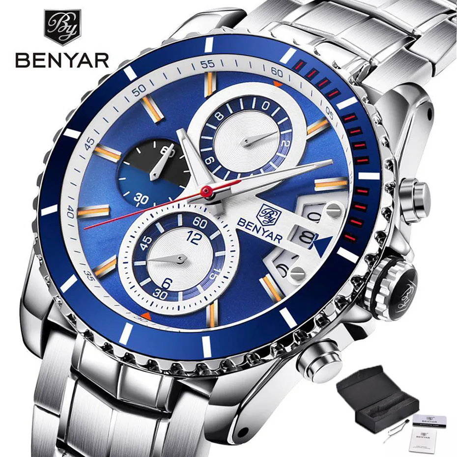 

BENYAR Military Men Wrist Watch Chronograph Aviator Men's Watches Stainless Steel Band Quartz Clock Jewelry Luxury Fashion Gifts