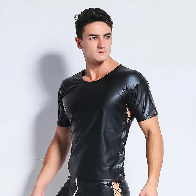 Men's Leather Lingerie Sexy Faux Leather Tops Tanks Lace up Clubwear ...