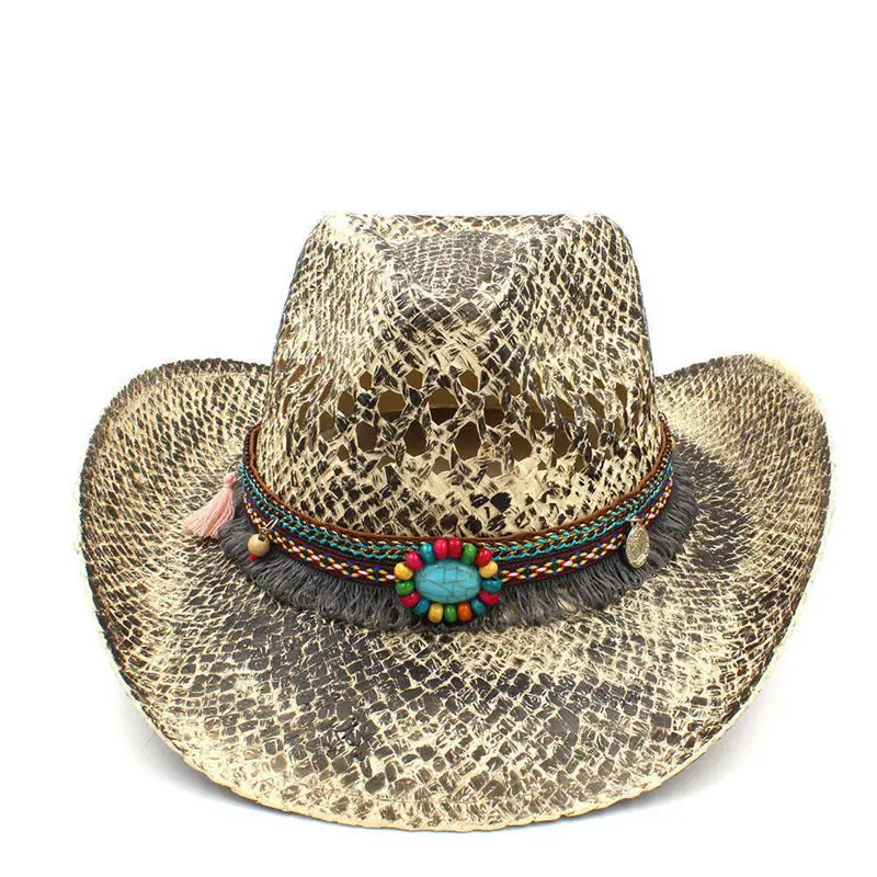 Модная женская Соломенная западная ковбойская шляпа, летняя ручная работа, переплетенная леди Sombrero Cowgirl шапки, богемная кисточка, лента, размер 56-58 см