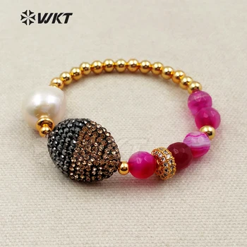 

WT-RB029 WKT Wholesale Amazing Natural Pink Stone Elegant Freshwater Pearl Jewelry Rhinestone Pave Fashionable Pendant Bracelet