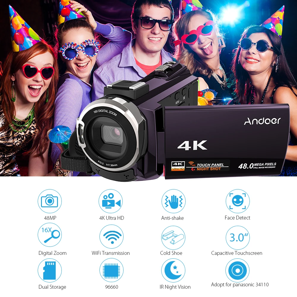 Andoer 4K 1080P 48MP WiFi цифровая видеокамера регистратор с 2 перезаряжаемыми батареями подарок на Рождество и год