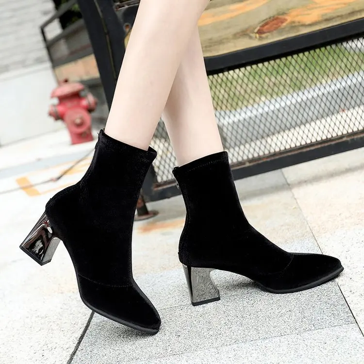 

Women Boots Faux Suede Ankle Boots Women High Heels Boots Female Autumn Short Boots Zip Pointed Toe Ladies Shoes Plus Size